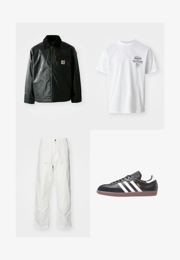 Svart zip-up jakke laget av jevnt, blankt materiale. Har en kordfløyelskrage, to frontlommer og en liten logo-lapp på brystet.; Hvit bomulls t-skjorte med korte ermer, rund hals og et grafisk trykk som viser teksten "Carhartt WIP" og en matillustrasjon på brystet.; Hvite bomullscargo bukser med avslappet passform. Funksjoner inkluderer frontlommer, gullfargede detaljer og forsterkede knepartier.; Svarte skinnsneakers med hvite striper og gull "Samba"-logo, med en suedetåhette og brun gummisåle. Klassisk lavt design.