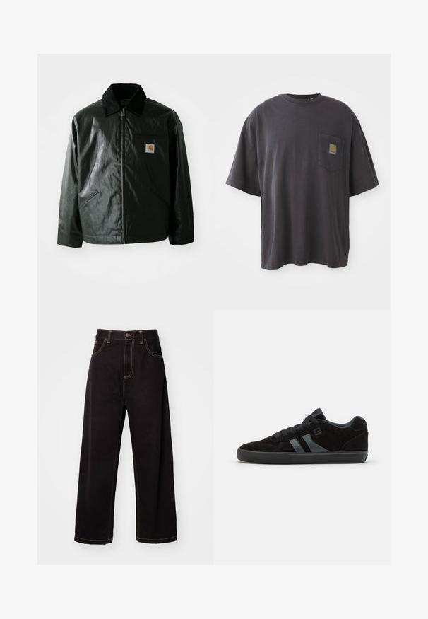 Chaqueta negra con cremallera hecha de un material liso y brillante. Presenta un cuello de pana, dos bolsillos frontales y un pequeño parche con el logo en el pecho.; Camiseta de algodón negra con mangas cortas, un cuello redondo y un bolsillo en el pecho izquierdo con un parche de logo cuadrado. Diseño simple y sin adornos.; Pantalones de mezclilla negros de pierna ancha con costuras de contraste, diseño de cinco bolsillos y cierre de botón en la parte delantera. Textura suave y tejido resistente.; Zapatillas de skate de ante negro con suelas de goma oscuras, con rayas laterales grises y cordones a juego, diseñadas para la comodidad y la durabilidad.