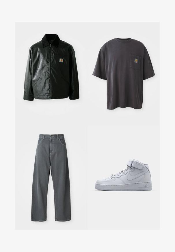Fekete zipzáros dzseki sima, fényes anyagból. Kordbársony gallérral, két elülső zsebbel és egy kis logós felvarrással a mellkason.; Fekete pamut póló rövid ujjakkal, kerek nyakkivágással, és bal oldalon egy zsebével, amelyen négyzet alakú logó címke található. Egyszerű és díszítés nélküli dizájn.; Szürke farmer széles lábú nadrág magas derékkal, elülső zsebekkel, övhurkokkal és gombos záródással a derékban.; Magas szárú szürke Nike Air Force 1 sportcipők bőrből készült felsőrészsel, párnázott bokarésszel és tépőzárral. Ikonikus dizájn jellemzi a perforált orrdoboz.