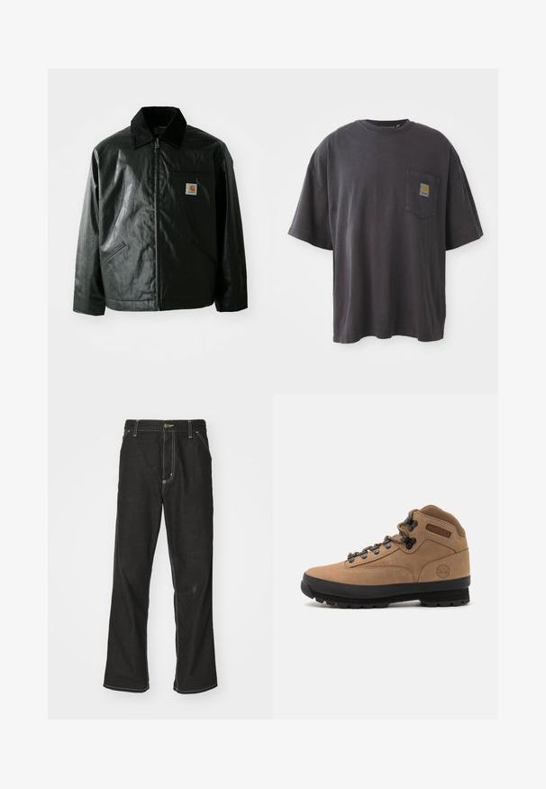 Casaco preto com fecho éclair, feito de material liso e brilhante. Apresenta um colarinho de veludo, dois bolsos frontais e um pequeno emblema no peito.; T-shirt de algodão preto com mangas curtas, decote redondo e bolso no peito esquerdo com um emblema quadrado. Design simples e sem adornos.; Calças de ganga pretas de corte largo, com costuras brancas em contraste, fecho de botão e design de perna reta.; Bota de caminhadas em camurça castanha com sola de borracha preta, design de atacadores e colarinho almofadado. Logótipo da Timberland na lateral.