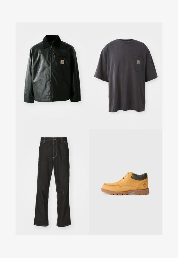 Black zip-up jacket made of smooth, shiny material. Features a corduroy collar, two front pockets, and a small logo patch on the chest.; Black cotton t-shirt with short sleeves, a round neckline, and a left chest pocket featuring a square logo patch. Simple and unembellished design.; Black denim jeans with a loose fit, featuring contrasting white stitching, a button closure, and a straight leg design.; Yellow leather shoe with brown rubber sole, round toe, and green leather ankle detail. Features gold eyelets and stitching accents.