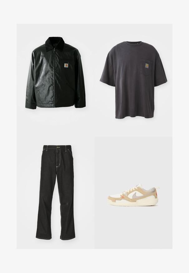 Casaco preto com fecho éclair, feito de material liso e brilhante. Apresenta um colarinho de veludo, dois bolsos frontais e um pequeno emblema no peito.; T-shirt de algodão preto com mangas curtas, decote redondo e bolso no peito esquerdo com um emblema quadrado. Design simples e sem adornos.; Calças de ganga pretas de corte largo, com costuras brancas em contraste, fecho de botão e design de perna reta.; Sapatilhas brancas e bege com painéis de malha e camurça, detalhes cinzentos, logotipo vermelho e puxador laranja. Design de biqueira arredondada e sola com amortecimento.