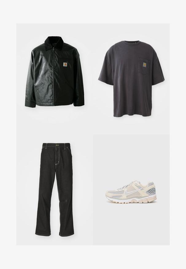 Zwarte ritssluiting jas van glad, glanzend materiaal. Heeft een corduroy kraag, twee voorzakken en een klein logo label op de borst.; Zwarte katoenen t-shirt met korte mouwen, een ronde halslijn en een linkse borstzak met een vierkante logo patch. Eenvoudig en ongecompliceerd ontwerp.; Zwarte denim jeans met een losse pasvorm, voorzien van contrasterende witte stiksels, een knoopsluiting en een recht ontwerp.; Lichte hardloopschoen met een beige en grijze bovenkant van mesh, getextureerde overlays, een wit logo en een geschuimde zool. Accentueert met ademende panelen.