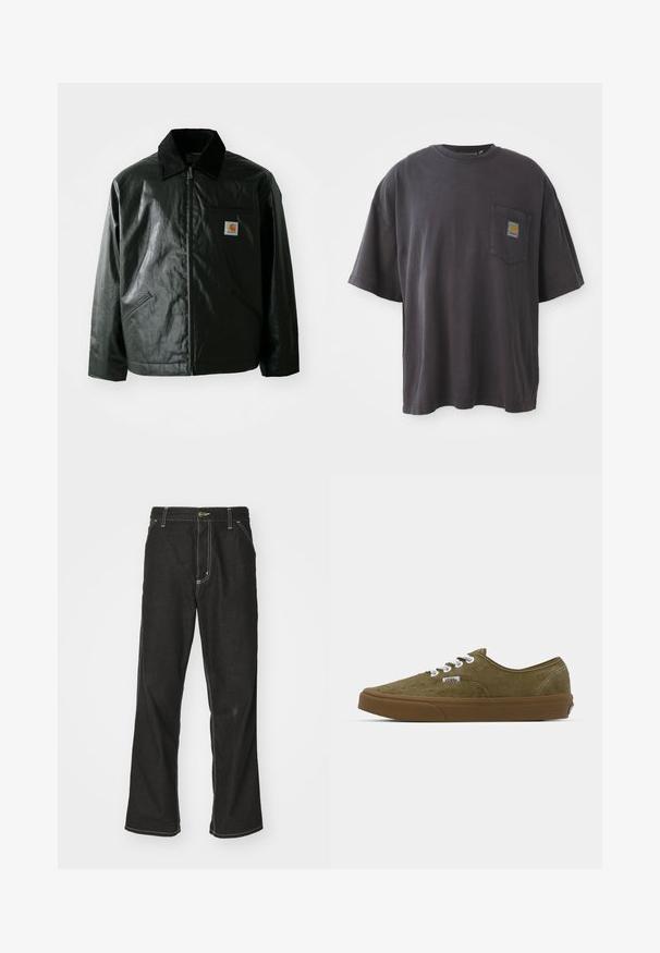 Chaqueta negra con cremallera hecha de un material liso y brillante. Presenta un cuello de pana, dos bolsillos frontales y un pequeño parche con el logo en el pecho.; Camiseta de algodón negra con mangas cortas, un cuello redondo y un bolsillo en el pecho izquierdo con un parche de logo cuadrado. Diseño simple y sin adornos.; Jeans de mezclilla negra con un corte holgado, que cuentan con costuras blancas contrastantes, cierre de botón y un diseño de pierna recta.; Zapatillas de ante verde oliva con cordones blancos, suela de goma marrón, diseño bajo y detalles cosidos a lo largo de los bordes.