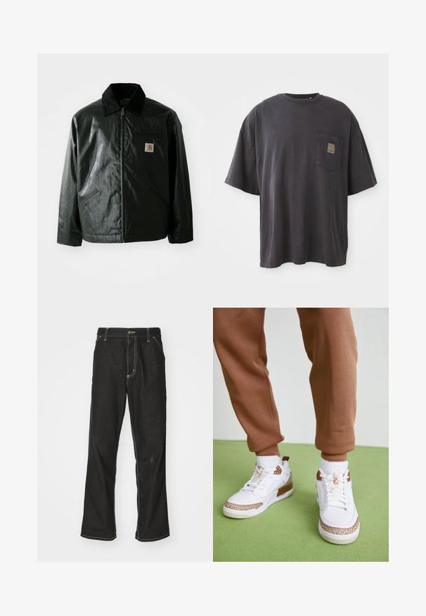 Casaco preto com fecho éclair, feito de material liso e brilhante. Apresenta um colarinho de veludo, dois bolsos frontais e um pequeno emblema no peito.; T-shirt de algodão preto com mangas curtas, decote redondo e bolso no peito esquerdo com um emblema quadrado. Design simples e sem adornos.; Calças de ganga pretas de corte largo, com costuras brancas em contraste, fecho de botão e design de perna reta.; Sapatilhas altas brancas com detalhes castanhos e uma entressola padronizada, acompanhadas de calças de jogging castanhas ajustadas sobre uma superfície verde.