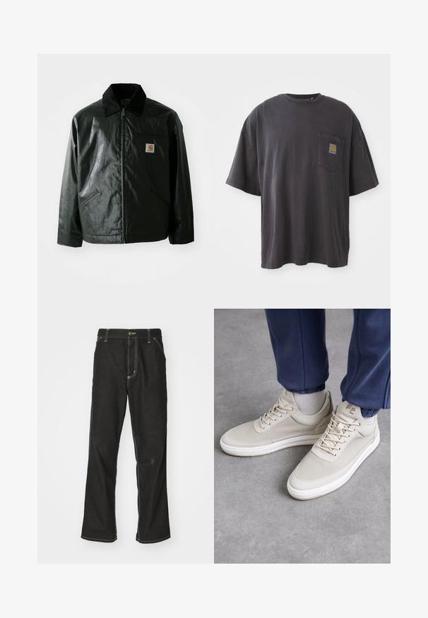 Schwarze Zip-Jacke aus glattem, glänzendem Material. Verfügt über einen Cordkragen, zwei Fronttaschen und ein kleines Logo-Patch auf der Brust.; Schwarzes Baumwoll-T-Shirt mit kurzen Ärmeln, rundem Halsausschnitt und einer linken Brusttasche mit einem quadratischen Logo-Patch. Schlichtes und unauffälliges Design.; Schwarze Denim-Jeans mit lockerer Passform, kontrastierenden weißen Nähten, einem Knopfverschluss und geradem Bein.; Beiger Sneaker aus strukturiertem Material, runde Zehenform, mit Schnürsenkeln und minimalistischem Design. Weiße Sohle mit hellbraunen Akzenten. Trägt man zu navy Jogginghosen.