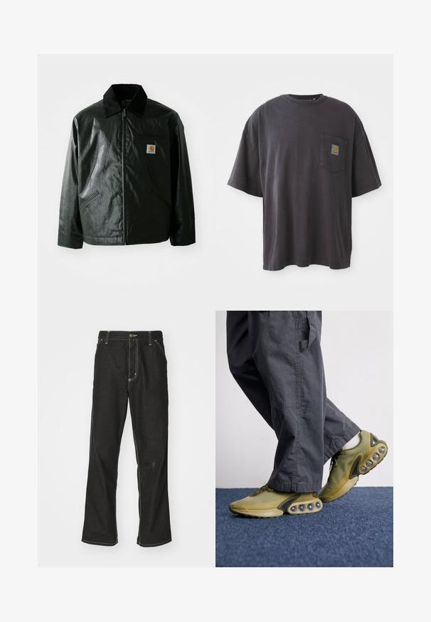 Casaco preto com fecho éclair, feito de material liso e brilhante. Apresenta um colarinho de veludo, dois bolsos frontais e um pequeno emblema no peito.; T-shirt de algodão preto com mangas curtas, decote redondo e bolso no peito esquerdo com um emblema quadrado. Design simples e sem adornos.; Calças de ganga pretas de corte largo, com costuras brancas em contraste, fecho de botão e design de perna reta.; Sapatilhas de malha verde com amortecimento arredondado, material texturizado e um design aerodinâmico. Combinadas com calças cargo cinzas de corte solto.