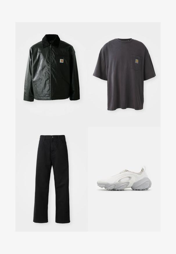 Black zip-up jacket made of smooth, shiny material. Features a corduroy collar, two front pockets, and a small logo patch on the chest.; Black cotton t-shirt with short sleeves, a round neckline, and a left chest pocket featuring a square logo patch. Simple and unembellished design.; Black denim pants with a straight cut, featuring front pockets, a zip fly, and a single top button. Textured fabric with a matte finish.; Sleek white sneaker with a smooth upper, grey accents, a rounded shape, textured sole, and no visible laces for easy wear.