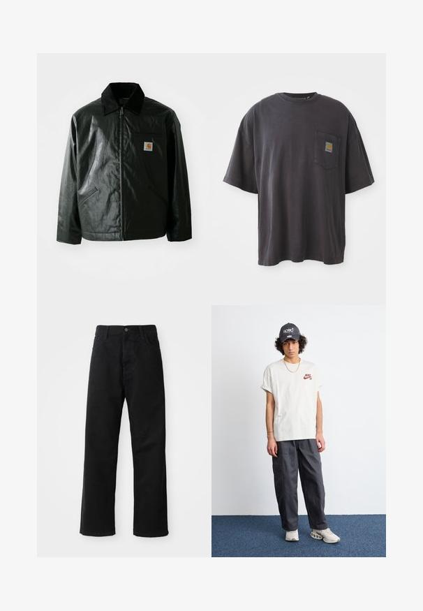 Casaco preto com fecho éclair, feito de material liso e brilhante. Apresenta um colarinho de veludo, dois bolsos frontais e um pequeno emblema no peito.; T-shirt de algodão preto com mangas curtas, decote redondo e bolso no peito esquerdo com um emblema quadrado. Design simples e sem adornos.; Calças de ganga pretas com corte direito, apresentando bolsos frontais, fecho de zip e um único botão na parte superior. Tecido texturizado com um acabamento mate.; T-shirt branca de algodão com o logótipo vermelho da Nike SB, calças cargo cinzas com bolsos e um boné preto com texto branco, combinado com ténis bege.
