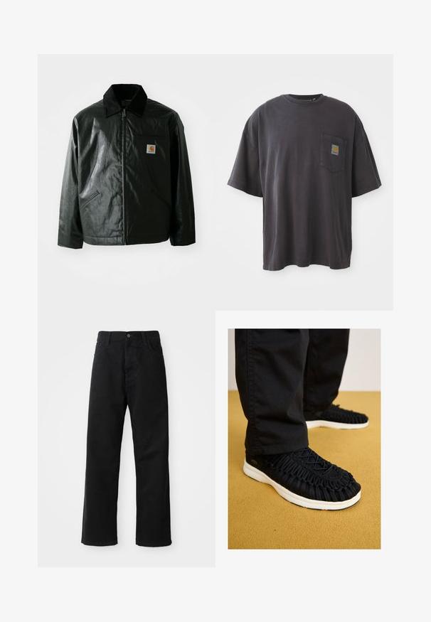 Black zip-up jacket made of smooth, shiny material. Features a corduroy collar, two front pockets, and a small logo patch on the chest.; Black cotton t-shirt with short sleeves, a round neckline, and a left chest pocket featuring a square logo patch. Simple and unembellished design.; Black denim pants with a straight cut, featuring front pockets, a zip fly, and a single top button. Textured fabric with a matte finish.; Black sneaker with braided fabric upper, round toe, and white sole. Lacing system on top and detailed texture across the body.