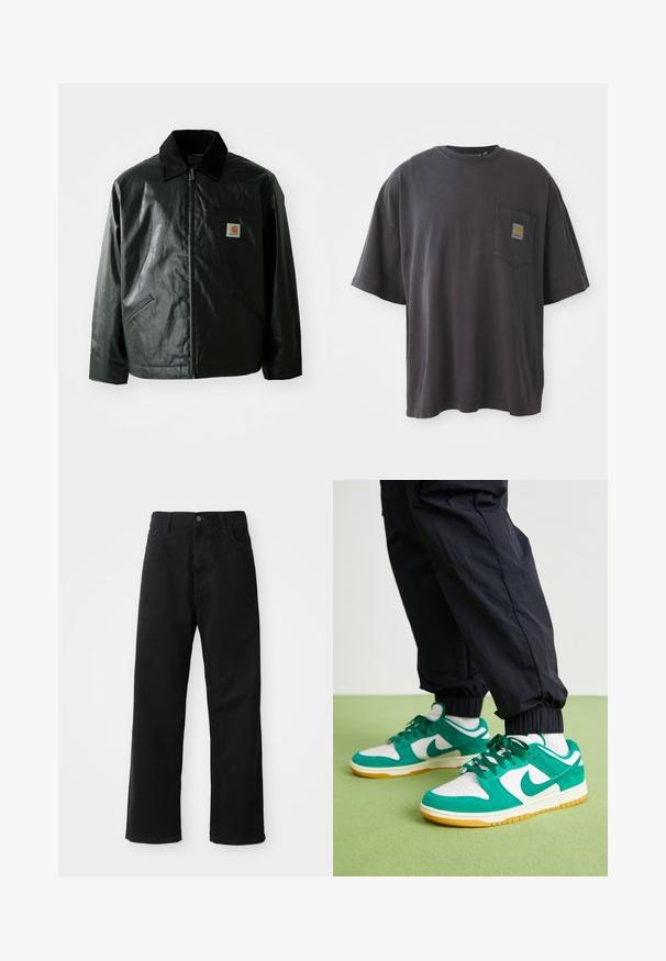 Jachetă neagră cu fermoar, confecționată dintr-un material neted și lucios. Prezintă un guler din catifea, două buzunare frontale și un mic logo brodat pe piept.; Tricou negru din bumbac cu mâneci scurte, guler rotund și un buzunar pe piept stâng care prezintă un patch logo pătrat. Design simplu și fără decorațiuni.; Pantaloni din denim negri cu croi drept, având buzunare frontale, fermoar și un singur buton la partea superioară. Țesătură texturată cu un finisaj mat.; Nike Sportswear DUNK LOW SE TRK3 - Sneakers low - phantom/malachite/light brown/coconut milk