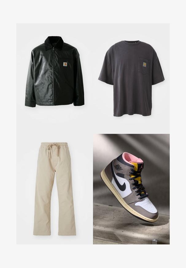 Czarna kurtka zapinana na zamek, wykonana z gładkiego, błyszczącego materiału. Posiada kołnierz z kordurowej tkaniny, dwie przednie kieszenie oraz małą naszywkę z logo na klatce piersiowej.; Czarna bawełniana koszulka z krótkim rękawem, okrągłym dekoltem i kieszenią na lewej piersi z kwadratową łatką logo. Prosty i nieozdobiony design.; Beżowe bawełniane spodnie z elastycznym pasem i sznurkiem. Prosty krój nogawek, gładka faktura i brak widocznych wzorów lub akcentów.; Wysokie sneakersy Nike Air Jordan w bieli, szarości i czerni z różowym wnętrzem i żółtym językiem, umieszczone na betonowej powierzchni.