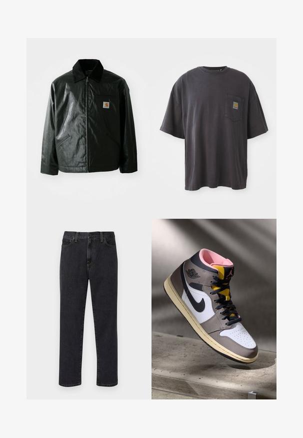 Czarna kurtka zapinana na zamek, wykonana z gładkiego, błyszczącego materiału. Posiada kołnierz z kordurowej tkaniny, dwie przednie kieszenie oraz małą naszywkę z logo na klatce piersiowej.; Czarna bawełniana koszulka z krótkim rękawem, okrągłym dekoltem i kieszenią na lewej piersi z kwadratową łatką logo. Prosty i nieozdobiony design.; Czarne dżinsy prostego kroju z przednimi kieszeniami, szlufkami na pasek i zapięciem na guzik, wyeksponowane na białym tle.; Wysokie sneakersy Nike Air Jordan w bieli, szarości i czerni z różowym wnętrzem i żółtym językiem, umieszczone na betonowej powierzchni.