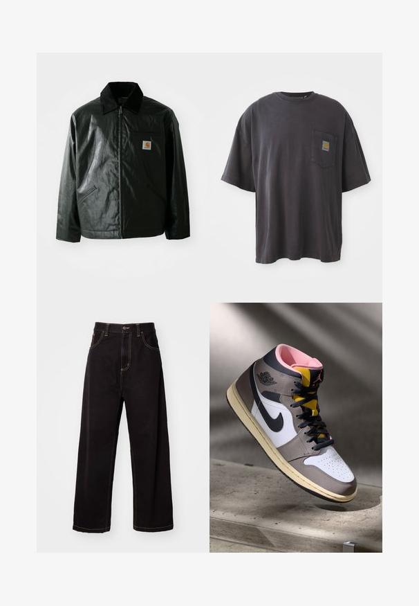 Crna zip-up jakna izrađena od glatkog, sjajnog materijala. Ima okovratnik od kordura, dva prednja džepa i mali logotip na prsima.; Crna pamučna majica s kratkim rukavima, okruglim izrezom i džepom na lijevoj strani grudnog koša s kvadratnom oznakom. Jednostavan i neukrašen dizajn.; Crne traperice širokih nogavica s kontrastnim šavovima, dizajnom sa pet džepova i kopčanjem na gumb sprijeda. Glatka tekstura i čvrsta tkanina.; Visoke Nike Air Jordan tenisice u bijeloj, sivoj i crnoj boji s ružičastim unutrašnjim dijelom i žutim jezikom, postavljene na betonskoj površini.