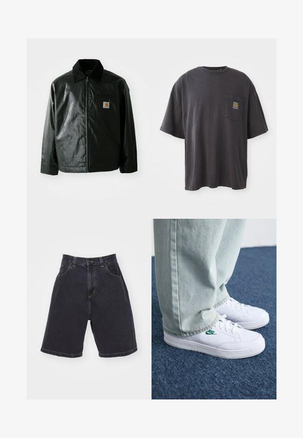 Črna jakna na zadrgo, izdelana iz gladkega, sijočega materiala. Ima žametni ovratnik, dva sprednja žepa in majhno oznako logotipa na prsih.; Črna bombažna majica s kratkimi rokavi, okroglim izrezom in žepom na levi strani prsi, ki vključuje kvadratno oznako. Preprost in neopazen dizajn.; Temno modri kratki hlače z visokim pasom, ki imajo dve sprednji žepki, kontrastno rumeno šivanje in ravno rez ter završek.; Bela usnjena športna obutev z zelenim Nike logotipom, okrogla konica, ravna podplat, v kombinaciji z svetlo modrimi kavbojkami, prikazana na modrem preprogu.