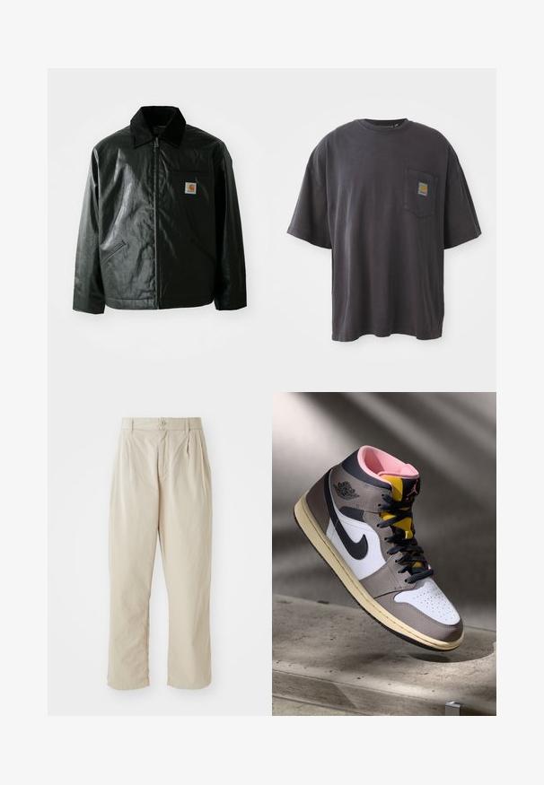 Black zip-up jacket made of smooth, shiny material. Features a corduroy collar, two front pockets, and a small logo patch on the chest.; Black cotton t-shirt with short sleeves, a round neckline, and a left chest pocket featuring a square logo patch. Simple and unembellished design.; Beige, lightweight pants with a relaxed fit, tucked pleats in the front, a button closure, and cuffed hems. Smooth texture, minimal design.; High-top Nike Air Jordan sneaker in white, grey, and black with pink interior and yellow tongue, positioned on a concrete surface.