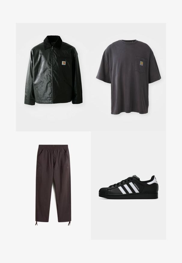 Veste noire zippée en matériau lisse et brillant. Elle dispose d'un col en velours côtelé, de deux poches avant et d'un petit écusson logo sur la poitrine.; T-shirt en coton noir à manches courtes, col rond et poche sur la poitrine gauche avec un patch logo carré. Design simple et sans ornement.; Pantalons brun foncé, légers, avec une taille élastique, deux poches latérales, des jambes fuselées et des cordons de serrage ajustables aux poignets.; Baskets Adidas Superstar noires avec rayures blanches, bout en coque, et texte "Superstar" sur le côté, montrées en profil sur fond blanc.