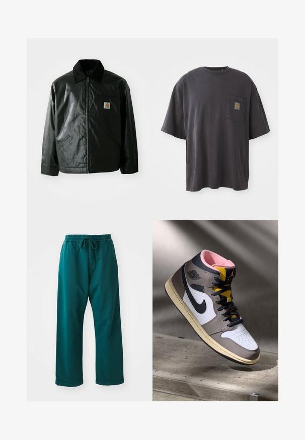 Czarna kurtka zapinana na zamek, wykonana z gładkiego, błyszczącego materiału. Posiada kołnierz z kordurowej tkaniny, dwie przednie kieszenie oraz małą naszywkę z logo na klatce piersiowej.; Czarna bawełniana koszulka z krótkim rękawem, okrągłym dekoltem i kieszenią na lewej piersi z kwadratową łatką logo. Prosty i nieozdobiony design.; Turkusowe spodnie o szerokich nogawkach, wykonane z miękkiego materiału, z elastycznym pasem i sznurkiem do regulacji w talii oraz gładką teksturą.; Wysokie sneakersy Nike Air Jordan w bieli, szarości i czerni z różowym wnętrzem i żółtym językiem, umieszczone na betonowej powierzchni.