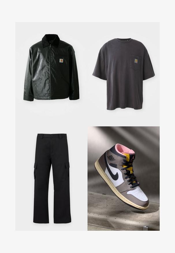 Czarna kurtka zapinana na zamek, wykonana z gładkiego, błyszczącego materiału. Posiada kołnierz z kordurowej tkaniny, dwie przednie kieszenie oraz małą naszywkę z logo na klatce piersiowej.; Czarna bawełniana koszulka z krótkim rękawem, okrągłym dekoltem i kieszenią na lewej piersi z kwadratową łatką logo. Prosty i nieozdobiony design.; Czarne spodnie cargo o prostym kroju. Wykonane z trwałej tkaniny, posiadają dwie boczne kieszenie z klapkami oraz zapięcie na guzik.; Wysokie sneakersy Nike Air Jordan w bieli, szarości i czerni z różowym wnętrzem i żółtym językiem, umieszczone na betonowej powierzchni.