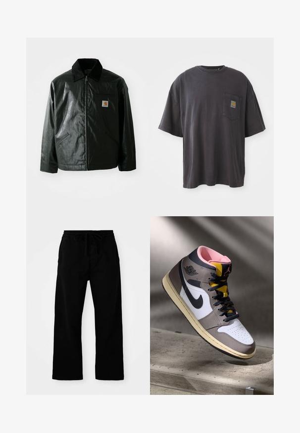 Casaco preto com fecho éclair, feito de material liso e brilhante. Apresenta um colarinho de veludo, dois bolsos frontais e um pequeno emblema no peito.; T-shirt de algodão preto com mangas curtas, decote redondo e bolso no peito esquerdo com um emblema quadrado. Design simples e sem adornos.; Calças pretas com cintura elástica e cordão ajustável, pernas largas e uma textura de algodão suave. Sem padrões ou detalhes em metal visíveis.; Tênis Nike Air Jordan de cano alto em branco, cinza e preto com interior rosa e língua amarela, posicionados sobre uma superfície de concreto.