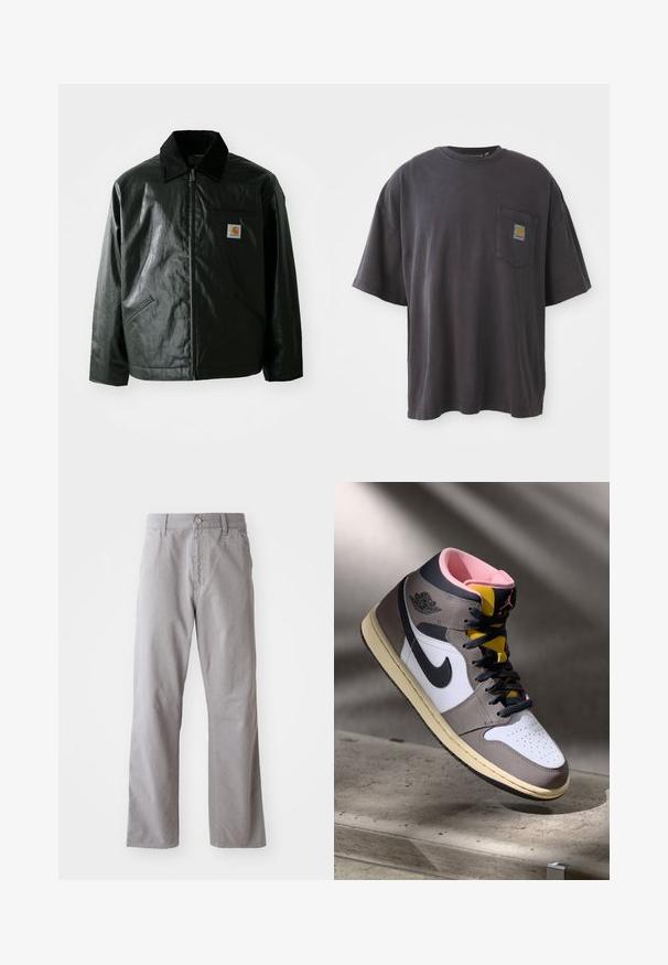 Svart zip-up jakke laget av jevnt, blankt materiale. Har en kordfløyelskrage, to frontlommer og en liten logo-lapp på brystet.; Svart bomulls t-skjorte med korte ermer, rund hals og en lomme på venstre bryst med et firkantet logomerke. Enkel og uforfinedt design.; Grå bomullbukser med rette ben, med knappelukking foran og beltehemper. Glatt tekstur og minimal detaljering.; Høy topp Nike Air Jordan-sneaker i hvit, grå og svart med rosa indre og gul tunge, plassert på en betongoverflate.