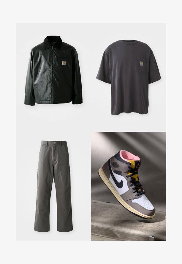 Must mustaga, läikiva materjaliga musta värvi jakk. Omab kordonilõikega kraed, kahte esikäe taskut ja väikest logo sildi rinnal.; Mustad must t-särk lühikeste varrukatega, ümar kaelus ja vasakul rinnal tasku ruudukujulise logoplaadi näitega. Lihtne ja ilma embellishmentsita disain.; Hallide hallhargid, sirge jala disainiga, millel on kaks eesmist taskut ja täiendavad küljetaskud hoidmiseks. Valmistatud vastupidavast kangast.; Valged, hallid ja mustad kõrged Nike Air Jordani sneakers, roosa sisetallaga ja kollase keelega, asetatud betoonpinnale.