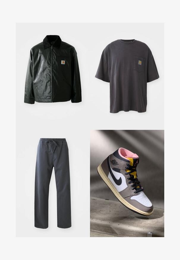 Černá zipová bunda vyrobená z hladkého, lesklého materiálu. Má jemný manžetový límec, dvě přední kapsy a malou značkovou nášivku na hrudi.; Černé bavlněné tričko s krátkým rukávem, kulatým výstřihem a kapsičkou na levé straně hrudi, na které je čtvercová nášivka s logem. Jednoduchý a nezdobený design.; Černé kalhoty s elastickým pasem na šňůrku, s rovnými nohavicemi a hladkým povrchem. Bez viditelných kapes nebo vzorů.; Bílé, šedé a černé vysoké tenisky Nike Air Jordan s růžovým interiérem a žlutým jazykem, umístěné na betonovém povrchu.