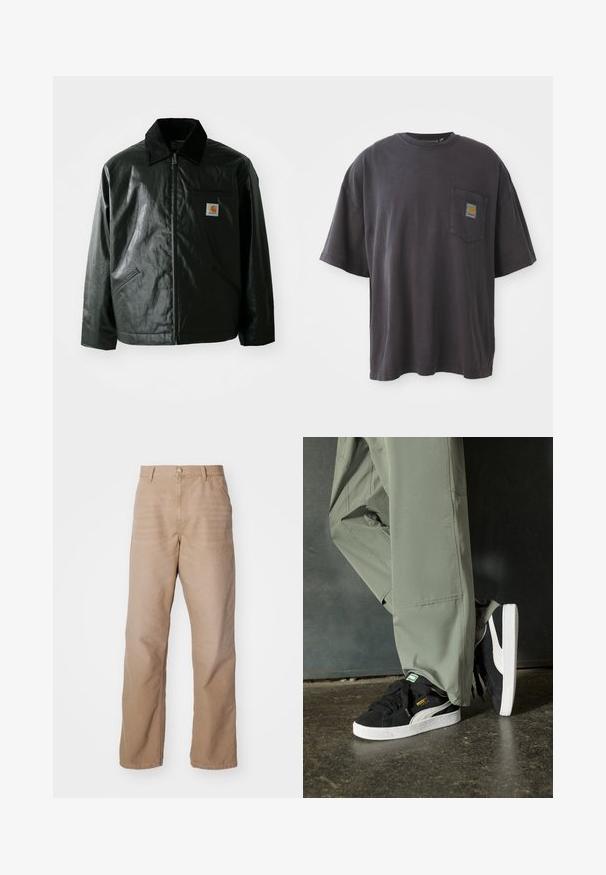Veste noire zippée en matériau lisse et brillant. Elle dispose d'un col en velours côtelé, de deux poches avant et d'un petit écusson logo sur la poitrine.; T-shirt en coton noir à manches courtes, col rond et poche sur la poitrine gauche avec un patch logo carré. Design simple et sans ornement.; Pantalon en coton beige avec une coupe droite, doté d'un zip, de cinq poches et d'une texture subtile.; Baskets en daim noir avec des semelles en caoutchouc blanc et des rayures sur les côtés, associées à un pantalon cargo vert clair, posées sur une surface sombre texturée.