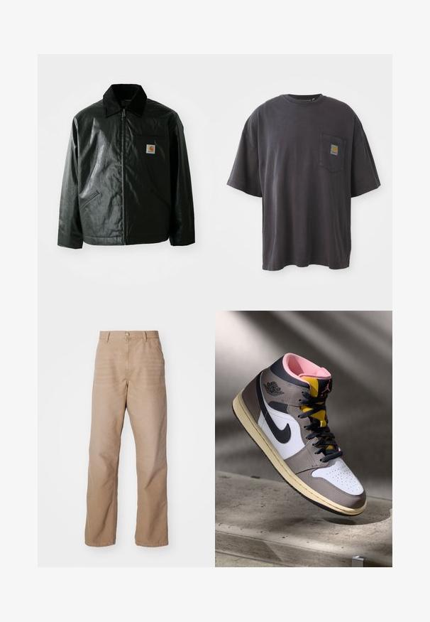 Czarna kurtka zapinana na zamek, wykonana z gładkiego, błyszczącego materiału. Posiada kołnierz z kordurowej tkaniny, dwie przednie kieszenie oraz małą naszywkę z logo na klatce piersiowej.; Czarna bawełniana koszulka z krótkim rękawem, okrągłym dekoltem i kieszenią na lewej piersi z kwadratową łatką logo. Prosty i nieozdobiony design.; Beżowe spodnie bawełniane o prostym kroju nogawki, z zamkiem błyskawicznym, stylem pięciu kieszeni i subtelną teksturą.; Wysokie sneakersy Nike Air Jordan w bieli, szarości i czerni z różowym wnętrzem i żółtym językiem, umieszczone na betonowej powierzchni.
