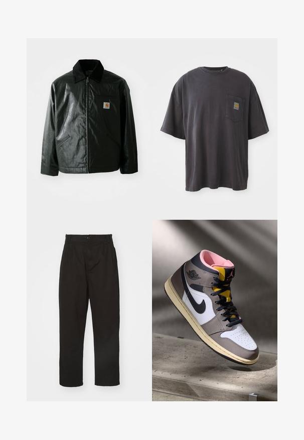 Black zip-up jacket made of smooth, shiny material. Features a corduroy collar, two front pockets, and a small logo patch on the chest.; Black cotton t-shirt with short sleeves, a round neckline, and a left chest pocket featuring a square logo patch. Simple and unembellished design.; Black pants made of smooth fabric, featuring a button closure, straight cut, and two front pleats for added detail.; High-top Nike Air Jordan sneaker in white, grey, and black with pink interior and yellow tongue, positioned on a concrete surface.