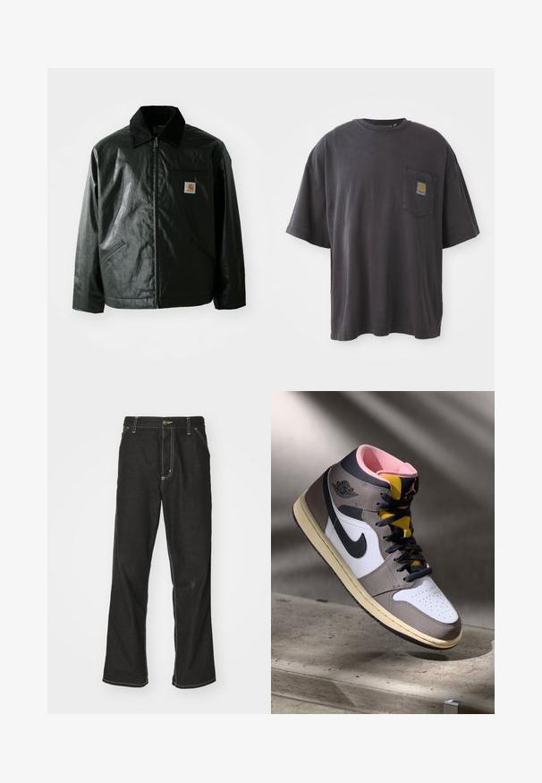 Black zip-up jacket made of smooth, shiny material. Features a corduroy collar, two front pockets, and a small logo patch on the chest.; Black cotton t-shirt with short sleeves, a round neckline, and a left chest pocket featuring a square logo patch. Simple and unembellished design.; Black denim jeans with a loose fit, featuring contrasting white stitching, a button closure, and a straight leg design.; High-top Nike Air Jordan sneaker in white, grey, and black with pink interior and yellow tongue, positioned on a concrete surface.