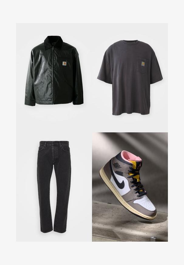 Jachetă neagră cu fermoar, confecționată dintr-un material neted și lucios. Prezintă un guler din catifea, două buzunare frontale și un mic logo brodat pe piept.; Tricou negru din bumbac cu mâneci scurte, guler rotund și un buzunar pe piept stâng care prezintă un patch logo pătrat. Design simplu și fără decorațiuni.; Jeans negre pentru bărbați, cu croială dreaptă, cu nasture și fermoar în față, cinci buzunare și bucle pentru curea, pe un fundal alb simplu.; Sneaker Nike Air Jordan de tip high-top, alb, gri și negru, cu interior roz și limbă galbenă, amplasat pe o suprafață din beton.