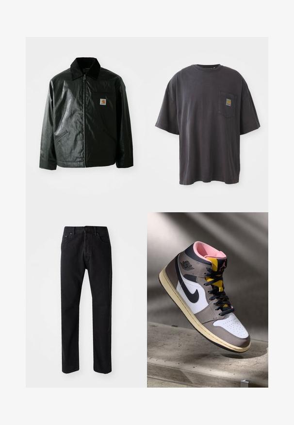 Melnā zip-up jaka, izgatavota no gludas, spīdīgas materiāla. Ir korduroja apkakle, divas priekšējās kabatas un neliela logo placdarma uz krūtīm.; Melna kokvilnas t-krekls ar īsām piedurknēm, apaļu kakla izgriezumu un kreisajā krūšu daļā esošu kabatu ar kvadrātveida logo uzlīmi. Vienkāršs un bez rotājumiem dizains.; Melni džinsi ar taisnu griezumu, pieci kabatas un pogu aizdare. Iespējama redzama šuvju apstrāde un mīksta, teksturēta auduma īpašības.; Augstās Nike Air Jordan kedas baltā, pelēkā un melnā krāsā ar rozā iekšpusi un dzelteno mēli, novietotas uz betona virsmas.