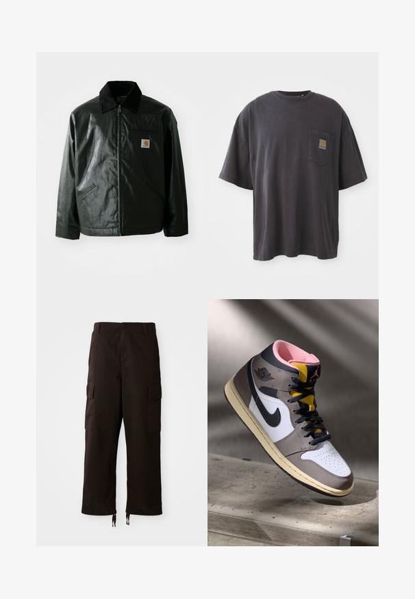 Čierna bundu na zips vyrobenú z hladkého, lesklého materiálu. Obsahuje kordový golier, dve predné vrecká a malú nášivku s logom na hrudi.; Čierne bavlnené tričko s krátkymi rukávmi, okrúhlym výstrihom a vreckom na ľavej hrudi s štvorcovou nášivkou loga. Jednoduchý a nenáročný dizajn.; Čierne cargo nohavice s voľným strihom, vybavené dvoma postrannými vreckami, zapínaním na gombík a nastaviteľnými šnúrkami na spodku.; Biele, šedé a čierne vysoké tenisky Nike Air Jordan s ružovým interiérom a žltým jazykom, umiestnené na betónovom povrchu.