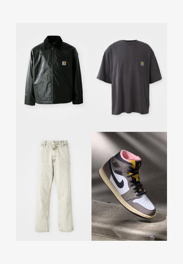 Svart zip-up jakke laget av jevnt, blankt materiale. Har en kordfløyelskrage, to frontlommer og en liten logo-lapp på brystet.; Svart bomulls t-skjorte med korte ermer, rund hals og en lomme på venstre bryst med et firkantet logomerke. Enkel og uforfinedt design.; Lysegrå denimbukser med rett bendesign, knappelukking og beltehemper. Har subtil tekstur og minimalistiske sømdetaljer.; Høy topp Nike Air Jordan-sneaker i hvit, grå og svart med rosa indre og gul tunge, plassert på en betongoverflate.