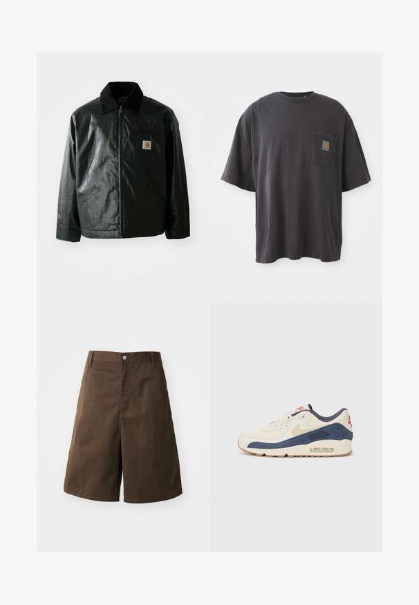 Veste noire zippée en matériau lisse et brillant. Elle dispose d'un col en velours côtelé, de deux poches avant et d'un petit écusson logo sur la poitrine.; T-shirt en coton noir à manches courtes, col rond et poche sur la poitrine gauche avec un patch logo carré. Design simple et sans ornement.; Shorts en coton marron avec une coupe droite, dotés d'une fermeture à bouton, de passants de ceinture et sans motifs ni accents visibles.; Baskets avec un dessus en cuir crème et en suède bleu marine, dotées d'une semelle à air visible, d'une semelle en caoutchouc beige et d'un accent rouge au talon.