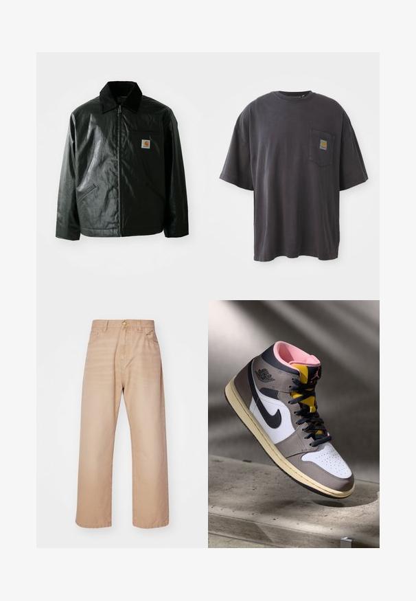 Black zip-up jacket made of smooth, shiny material. Features a corduroy collar, two front pockets, and a small logo patch on the chest.; Black cotton t-shirt with short sleeves, a round neckline, and a left chest pocket featuring a square logo patch. Simple and unembellished design.; Beige wide-leg jeans featuring a high waist, five pockets, and metal button fastener. Made of denim with a smooth texture.; High-top Nike Air Jordan sneaker in white, grey, and black with pink interior and yellow tongue, positioned on a concrete surface.