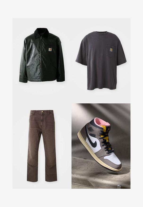 Mustat vetoketjulliset takit, jotka on valmistettu sileästä, kiiltävästä materiaalista. Sisältää kangastakin kauluksen, kaksi etutaskua ja pienen logopatchin rinnassa.; Mustat puuvillapaidat, joissa on lyhyet hihat, pyöreä kaula-aukko ja vasemmassa rinnassa tasku, jossa on neliölogo. Yksinkertainen ja koristelematon muotoilu.; Ruskeat suorat housut, valmistettu puuvillasekoitteesta. Ominaisuuksiin kuuluvat etupussit ja kontrastoiva ompelu. Viimeistelty klassisella nappisuljennalla.; Korkeavartiset Nike Air Jordan -lenkkarit valkoisena, harmaana ja mustana vaaleanpunaisella sisäosalla ja keltaisella kielillä, asetettuna betonipinnalle.