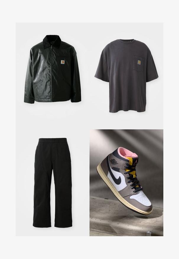 Črna jakna na zadrgo, izdelana iz gladkega, sijočega materiala. Ima žametni ovratnik, dva sprednja žepa in majhno oznako logotipa na prsih.; Črna bombažna majica s kratkimi rokavi, okroglim izrezom in žepom na levi strani prsi, ki vključuje kvadratno oznako. Preprost in neopazen dizajn.; Črne bombažne hlače z elastičnim pasom, širokim krojem in velikimi stranskimi žepi. Tkanina se zdi mehka s gladko teksturo.; Visoke Nike Air Jordan superge v beli, sivi in črni barvi z rožnato notranjostjo in rumenem jeziku, nameščene na betonski površini.
