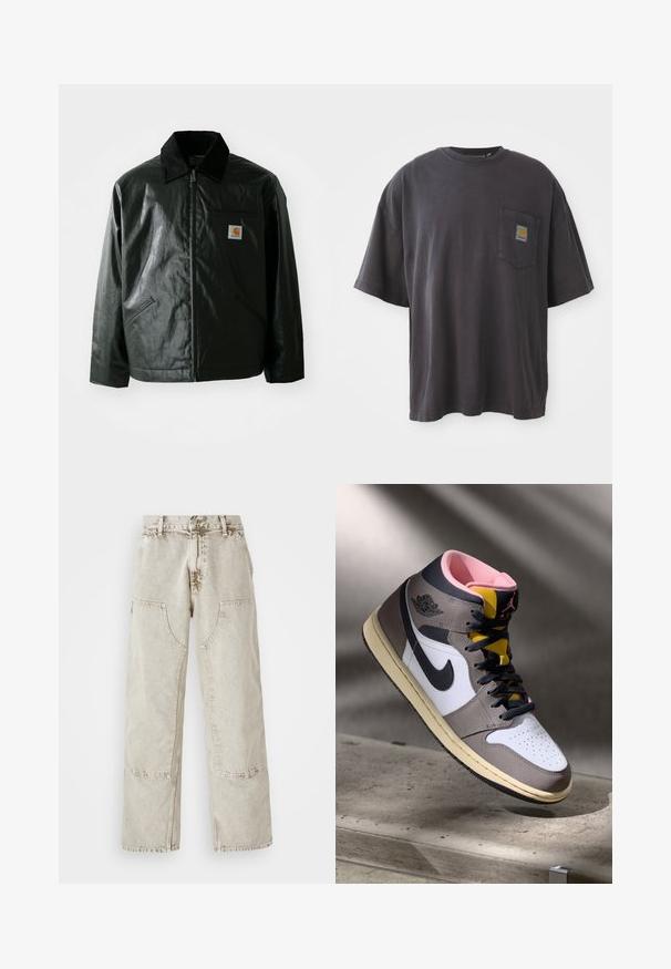 Black zip-up jacket made of smooth, shiny material. Features a corduroy collar, two front pockets, and a small logo patch on the chest.; Black cotton t-shirt with short sleeves, a round neckline, and a left chest pocket featuring a square logo patch. Simple and unembellished design.; Light beige wide-leg jeans made from denim, featuring large patch pockets, contrast stitching, and a slightly faded texture.; High-top Nike Air Jordan sneaker in white, grey, and black with pink interior and yellow tongue, positioned on a concrete surface.