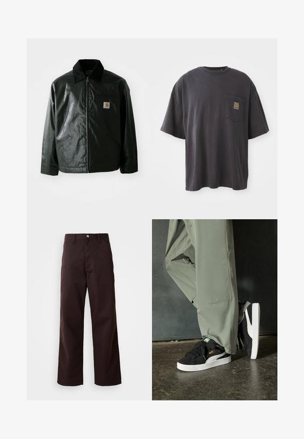 Must mustaga, läikiva materjaliga musta värvi jakk. Omab kordonilõikega kraed, kahte esikäe taskut ja väikest logo sildi rinnal.; Mustad must t-särk lühikeste varrukatega, ümar kaelus ja vasakul rinnal tasku ruudukujulise logoplaadi näitega. Lihtne ja ilma embellishmentsita disain.; Tumed pruunid lai jalad püksid, mis on valmistatud tugevast puuvilla kangast, ees nupuga sulgemise ja kahe küljetaskuga. Sile tekstuur, klassikaline disain.; Mustad nubukist spordijalatsid valgete kummist tallade ja külgriidega, koos heleda rohelise cargo-pükstega, seistes tekstureeritud tumedal pinnasel.