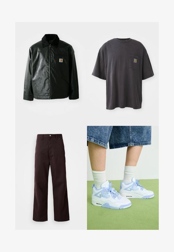 Sort lynlåsejakke lavet af glat, blankt materiale. Har en kordfløjlsfarvet krave, to forlommer og et lille logo-patch på brystet.; Sort bomulds T-shirt med korte ærmer, en rund halsudskæring og en venstre brystlomme med et firkantet logo-patch. Enkel og uudsmykket design.; Mørkebrune brede bukser lavet af robust bomuldsstof, med frontlukning med knap og to sidelommer. Glat tekstur, klassisk design.; Hvide og lyseblå sneakers med mesh-detaljer, rund tå, snørebånd og en luftdæmpningsenhed, parret med hvide ribbede sokker og denimshorts.