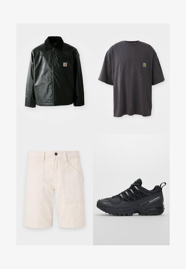 Čierna bundu na zips vyrobenú z hladkého, lesklého materiálu. Obsahuje kordový golier, dve predné vrecká a malú nášivku s logom na hrudi.; Čierne bavlnené tričko s krátkymi rukávmi, okrúhlym výstrihom a vreckom na ľavej hrudi s štvorcovou nášivkou loga. Jednoduchý a nenáročný dizajn.; Béžové bavlnené šortky s rovný strihom, dvoma bočnými vreckami, pásom s pútkami na opasok a hnedým gombíkovým zapínaním.; Čierne športové topánky s vrchnou časťou z sieťoviny, gumovou podrážkou a reflexnými detailami. Majú polstrovanú podrážku a dizajn so šnurovaním.