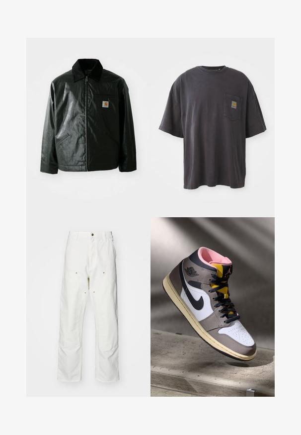 Chaqueta negra con cremallera hecha de un material liso y brillante. Presenta un cuello de pana, dos bolsillos frontales y un pequeño parche con el logo en el pecho.; Camiseta de algodón negra con mangas cortas, un cuello redondo y un bolsillo en el pecho izquierdo con un parche de logo cuadrado. Diseño simple y sin adornos.; Pantalones cargo de algodón blancos con un corte relajado. Las características incluyen bolsillos frontales, detalles en dorado y secciones de rodilla reforzadas.; Zapatilla alta Nike Air Jordan en blanco, gris y negro, con interior rosa y lengüeta amarilla, colocada sobre una superficie de concreto.