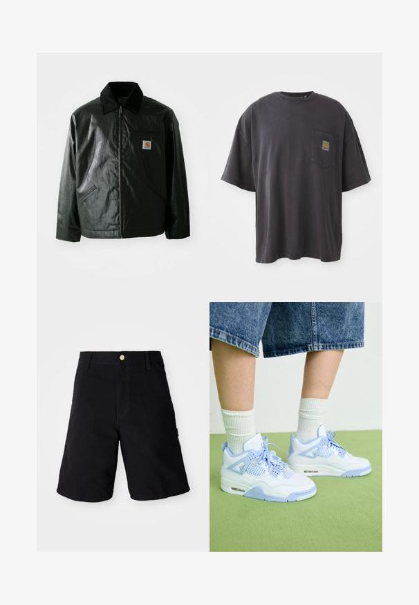 Schwarze Zip-Jacke aus glattem, glänzendem Material. Verfügt über einen Cordkragen, zwei Fronttaschen und ein kleines Logo-Patch auf der Brust.; Schwarzes Baumwoll-T-Shirt mit kurzen Ärmeln, rundem Halsausschnitt und einer linken Brusttasche mit einem quadratischen Logo-Patch. Schlichtes und unauffälliges Design.; Schwarze Denim-Shorts mit Knopfverschluss, geradem Schnitt, seitlichen Taschen und verstärkten Nähten für zusätzliche Haltbarkeit.; Weiße und hellblaue Sneakers mit Netz-Akzenten, abgerundetem Zeh, Schnürsenkeln und einer Luftdämpfungseinheit, kombiniert mit weißen gerippten Socken und Jeansshorts.