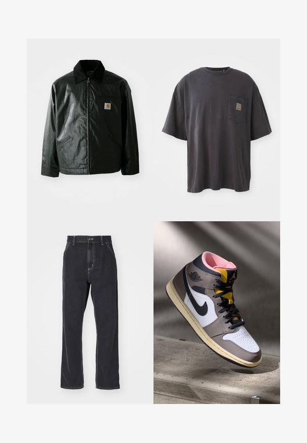 Crna zip-up jakna izrađena od glatkog, sjajnog materijala. Ima okovratnik od kordura, dva prednja džepa i mali logotip na prsima.; Crna pamučna majica s kratkim rukavima, okruglim izrezom i džepom na lijevoj strani grudnog koša s kvadratnom oznakom. Jednostavan i neukrašen dizajn.; Crne traperice s ravnim krojem, s patentnim zatvaračem, pet džepova i kontrastnim šavovima.; Visoke Nike Air Jordan tenisice u bijeloj, sivoj i crnoj boji s ružičastim unutrašnjim dijelom i žutim jezikom, postavljene na betonskoj površini.