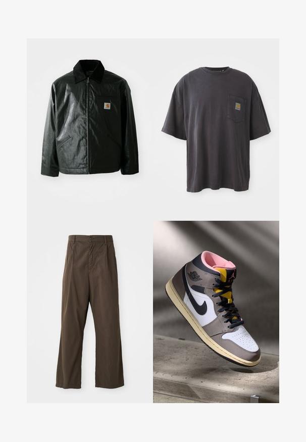Mustat vetoketjulliset takit, jotka on valmistettu sileästä, kiiltävästä materiaalista. Sisältää kangastakin kauluksen, kaksi etutaskua ja pienen logopatchin rinnassa.; Mustat puuvillapaidat, joissa on lyhyet hihat, pyöreä kaula-aukko ja vasemmassa rinnassa tasku, jossa on neliölogo. Yksinkertainen ja koristelematon muotoilu.; Ruskeat, leveälahkeiset housut, jotka on valmistettu puuvillasta ja joissa on edessä nappisuljenta, vyölenkit sekä sileä, matteepinta.; Korkeavartiset Nike Air Jordan -lenkkarit valkoisena, harmaana ja mustana vaaleanpunaisella sisäosalla ja keltaisella kielillä, asetettuna betonipinnalle.