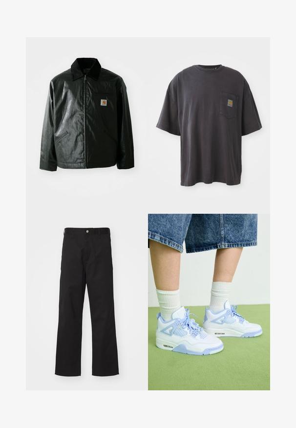 Veste noire zippée en matériau lisse et brillant. Elle dispose d'un col en velours côtelé, de deux poches avant et d'un petit écusson logo sur la poitrine.; T-shirt en coton noir à manches courtes, col rond et poche sur la poitrine gauche avec un patch logo carré. Design simple et sans ornement.; Pantalons noirs en tissu durable avec une coupe droite, dotés d'une fermeture à bouton à l'avant, de passants de ceinture et sans motifs ni accents visibles.; Des baskets blanches et bleu clair avec des accents en maille, un bout rond, des lacets et une unité de coussin d'air, associées à des chaussettes blanches côtelées et un short en denim.