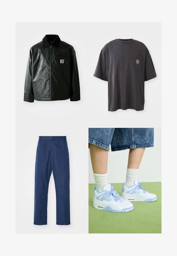 Chaqueta negra con cremallera hecha de un material liso y brillante. Presenta un cuello de pana, dos bolsillos frontales y un pequeño parche con el logo en el pecho.; Camiseta de algodón negra con mangas cortas, un cuello redondo y un bolsillo en el pecho izquierdo con un parche de logo cuadrado. Diseño simple y sin adornos.; Pantalones rectos color azul marino, hechos de algodón. Presentan un cierre frontal con botón y una textura sutil, con bolsillos laterales y pasadores para cinturón.; Zapatillas blancas y azul claro con acentos de malla, puntera redondeada, cordones y una unidad de amortiguación de aire, combinadas con calcetines blancos de canalé y pantalones cortos de mezclilla.