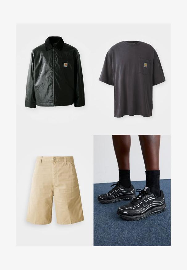 Schwarze Zip-Jacke aus glattem, glänzendem Material. Verfügt über einen Cordkragen, zwei Fronttaschen und ein kleines Logo-Patch auf der Brust.; Schwarzes Baumwoll-T-Shirt mit kurzen Ärmeln, rundem Halsausschnitt und einer linken Brusttasche mit einem quadratischen Logo-Patch. Schlichtes und unauffälliges Design.; Beige Baumwollshorts mit geradem Schnitt, ausgestattet mit einem Knopfverschluss, Reißverschluss und seitlichen Taschen. Glatte Textur und gefaltetes Frontdetail.; Schwarze Nike-Schuhe verfügen über ein Obermaterial aus Mesh mit Akzentstreifen, strukturiertem Schnürsystem und einer schwarzen Gummisohle. Getragen mit schwarzen, gerippten Socken.